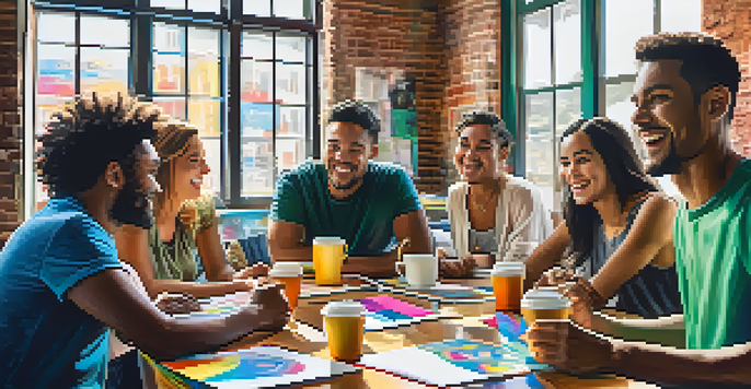 A diverse group of people around a table discussing crowdfunding ideas with colorful materials and laptops.