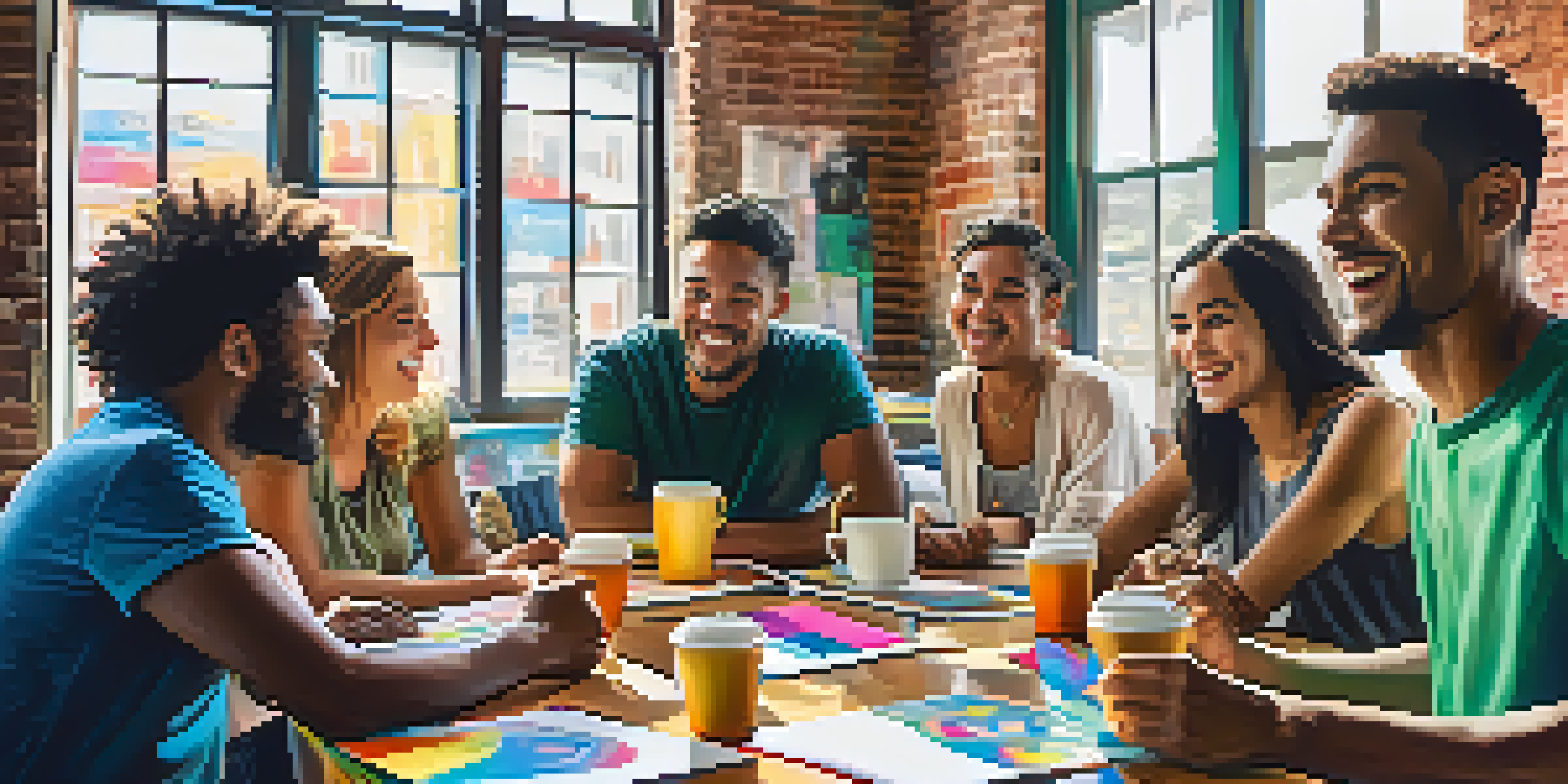 A diverse group of people around a table discussing crowdfunding ideas with colorful materials and laptops.