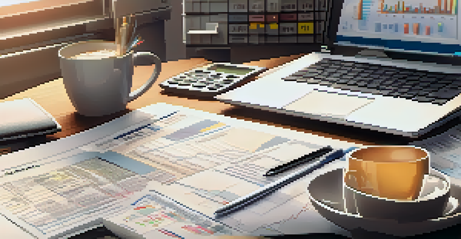 An accountant's desk filled with tax documents, calculators, and a laptop showing graphs, with warm lighting and a coffee cup.
