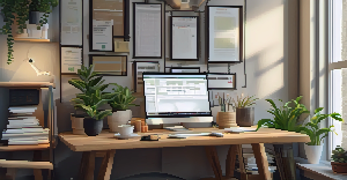 A warm and inviting home office with a laptop displaying a tax filing platform, surrounded by tax documents and a coffee cup.