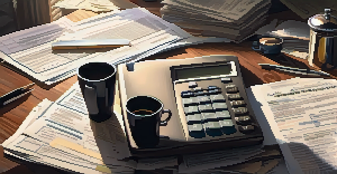 A cluttered desk with tax documents, a calculator, and a steaming cup of coffee, illuminated by sunlight.