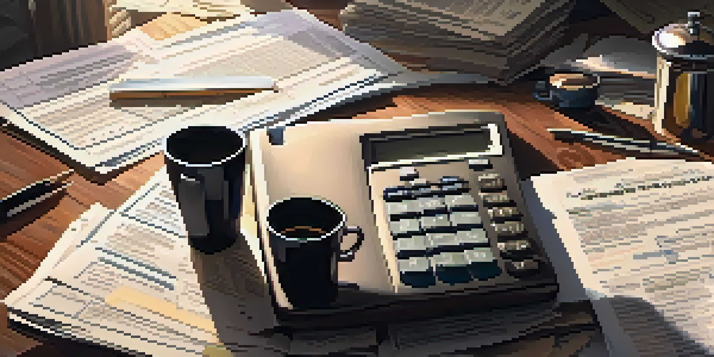A cluttered desk with tax documents, a calculator, and a steaming cup of coffee, illuminated by sunlight.