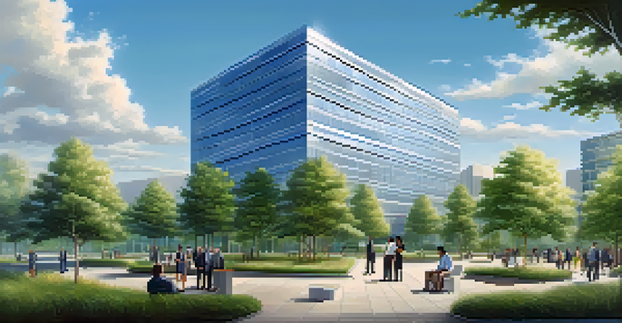 A modern office building surrounded by trees and greenery, with diverse people engaged in discussions under a bright blue sky.