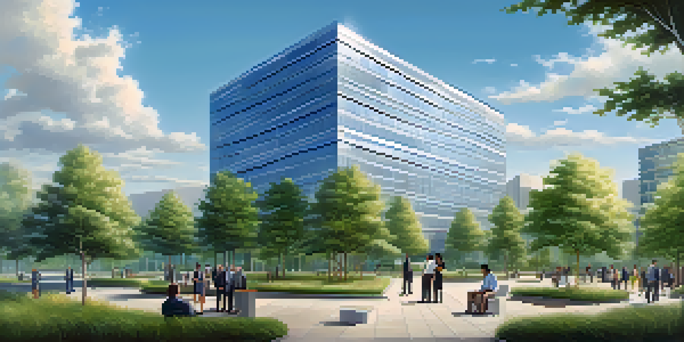 A modern office building surrounded by trees and greenery, with diverse people engaged in discussions under a bright blue sky.