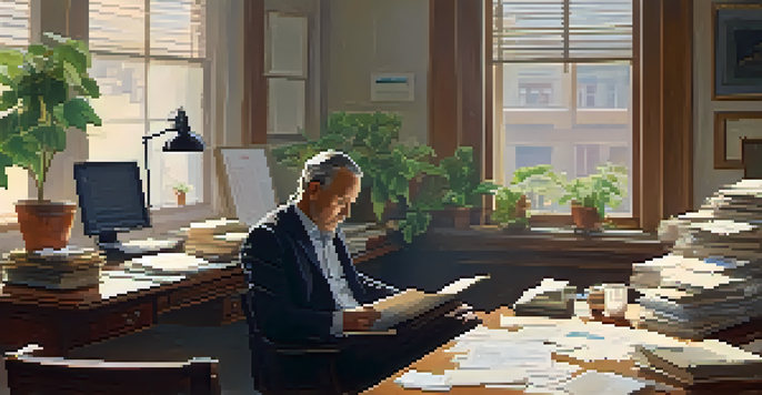 An executor at a wooden desk surrounded by paperwork and a laptop in a well-lit office setting, looking focused and thoughtful.