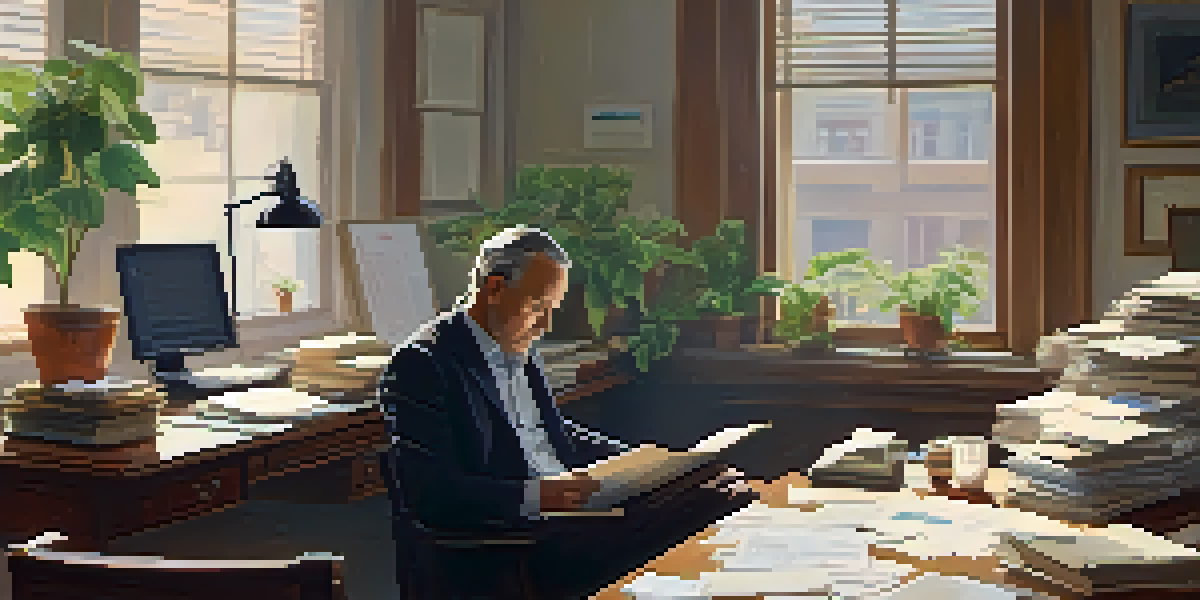An executor at a wooden desk surrounded by paperwork and a laptop in a well-lit office setting, looking focused and thoughtful.