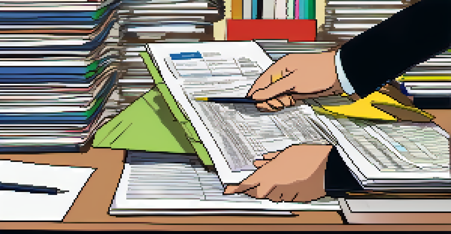 Close-up of hands sorting colorful receipts and financial statements in a folder, with a pen on top in a home office setting.