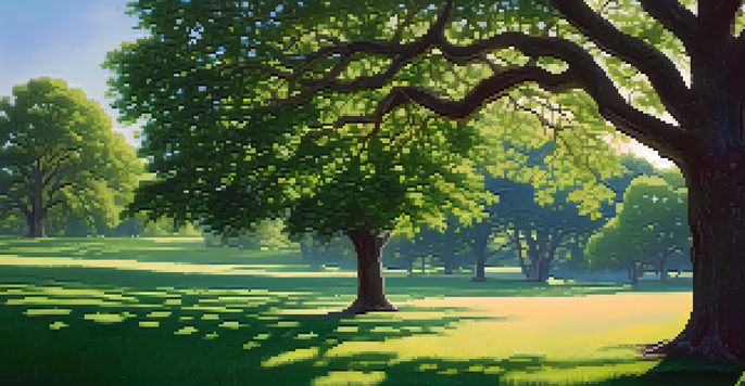 A peaceful park scene with a large oak tree, sunlight filtering through the leaves, and a clear blue sky.