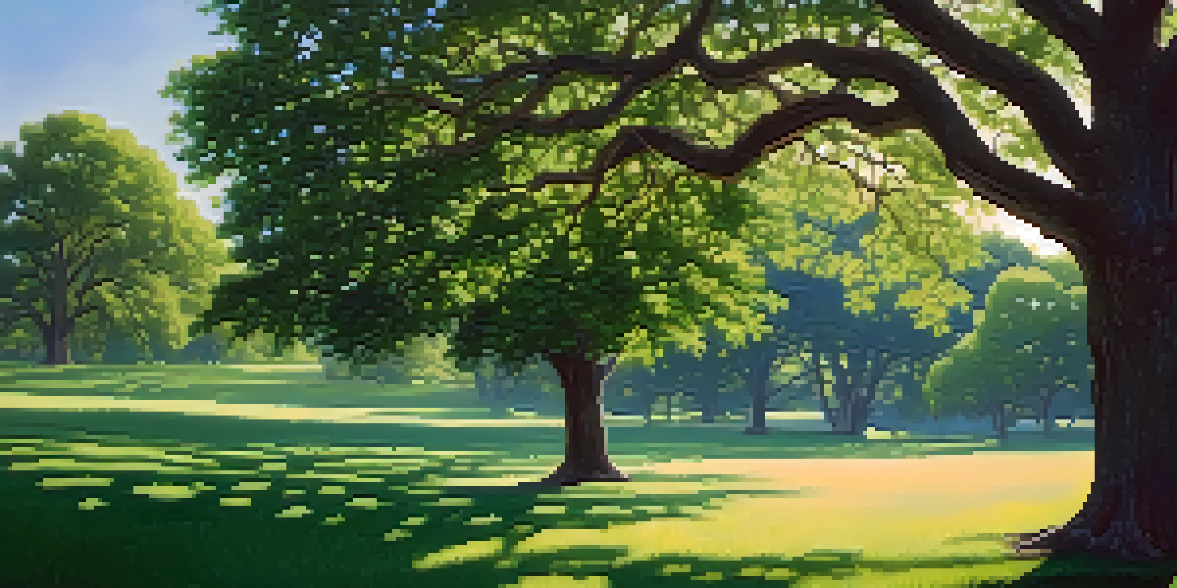 A peaceful park scene with a large oak tree, sunlight filtering through the leaves, and a clear blue sky.