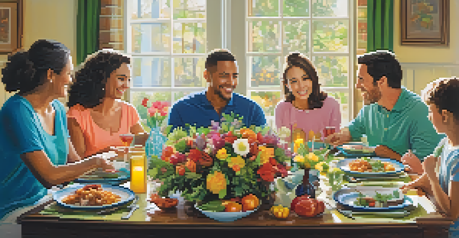 A joyful family enjoying a meal together at a beautifully set dining table with colorful dishes and flowers.
