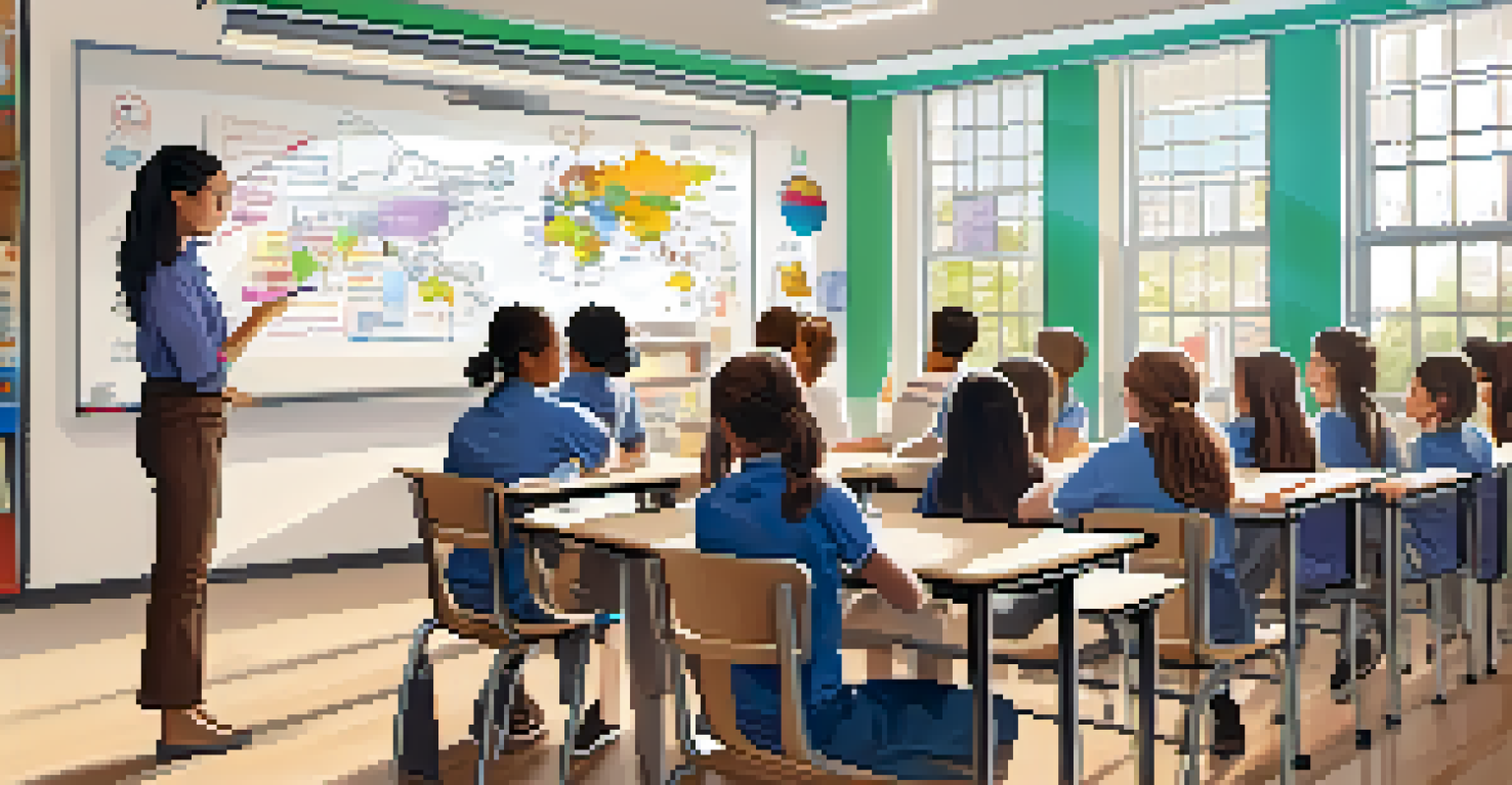 A teacher writing on a whiteboard in a well-lit classroom, with students listening attentively.