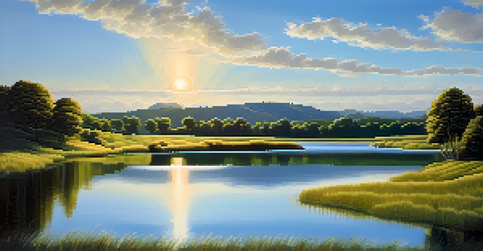 A peaceful lake scene with green hills and a blue sky, featuring fluffy clouds and sunlight reflecting on the water.