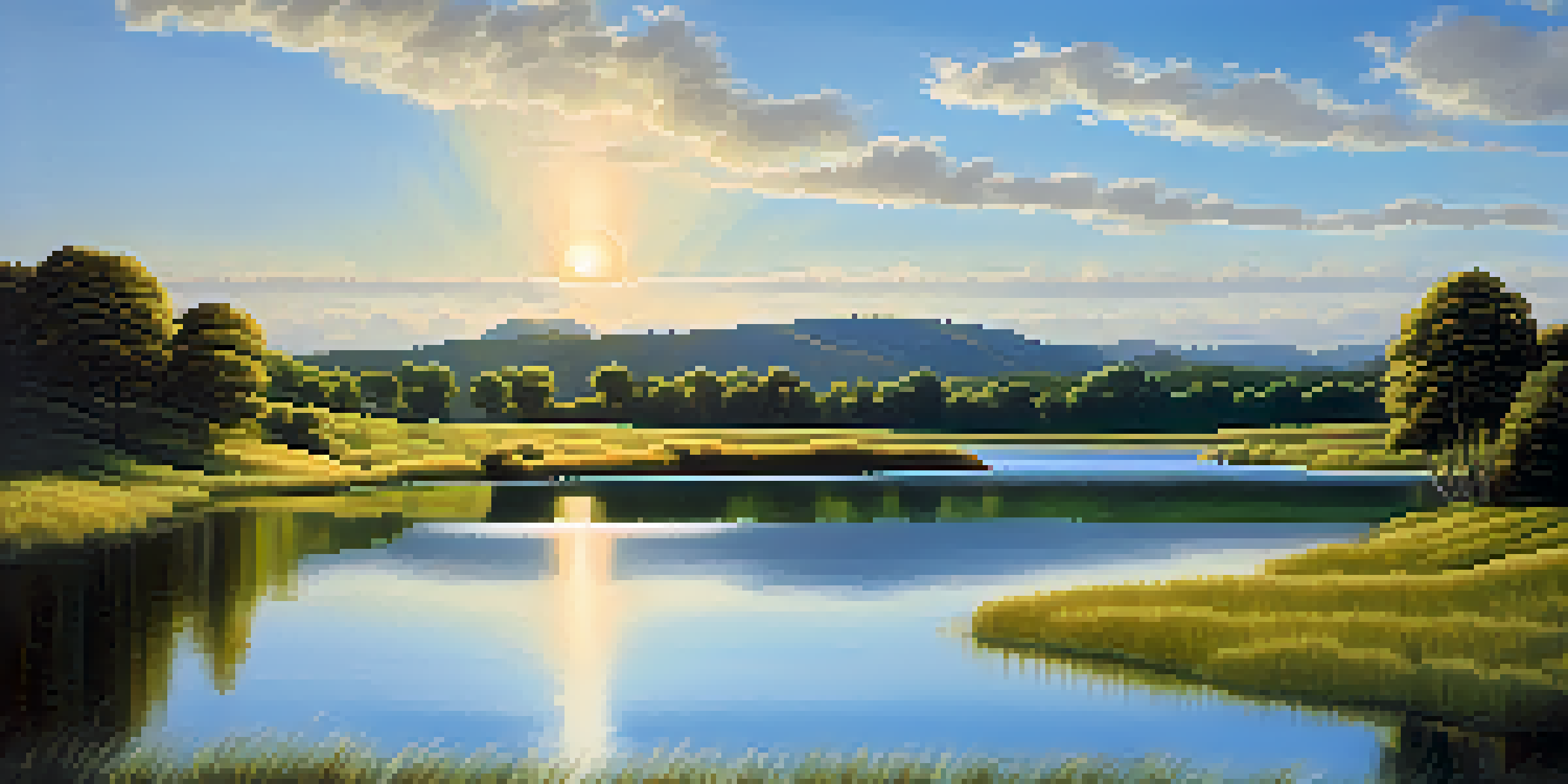 A peaceful lake scene with green hills and a blue sky, featuring fluffy clouds and sunlight reflecting on the water.