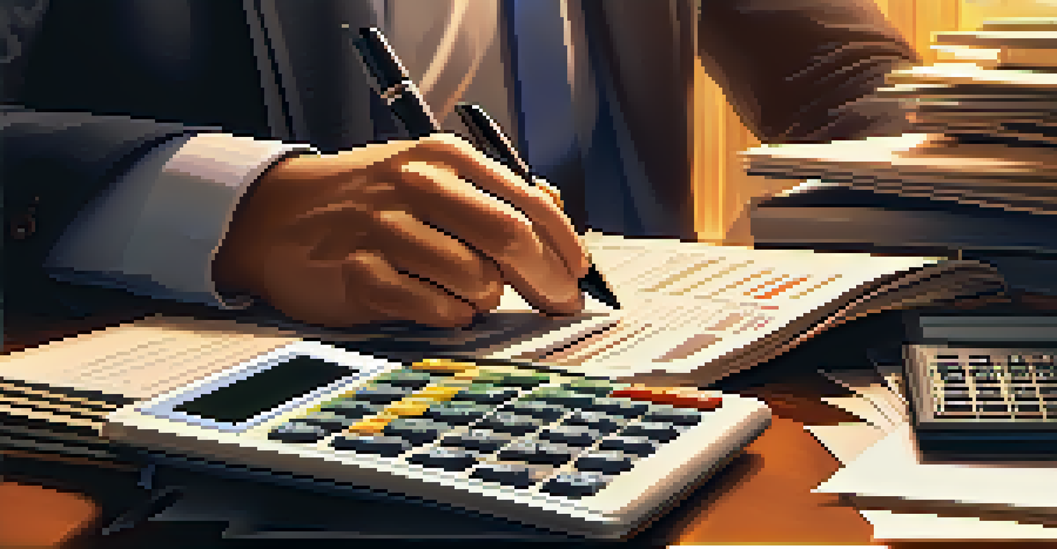 A close-up of a hand using a calculator with financial documents and a laptop in the background.