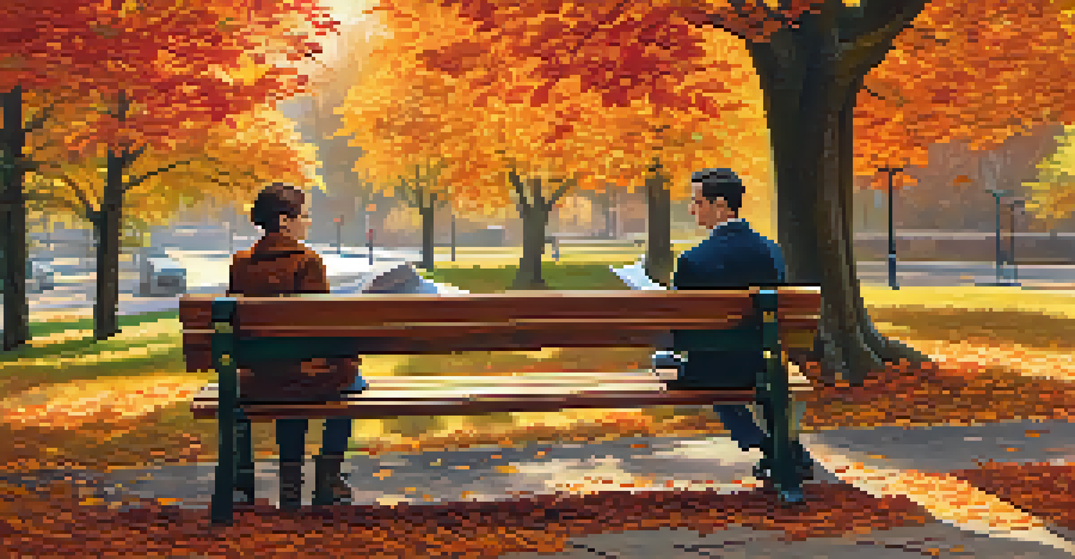 A couple sitting on a park bench in autumn, discussing financial documents and alimony agreements, surrounded by colorful fall leaves.