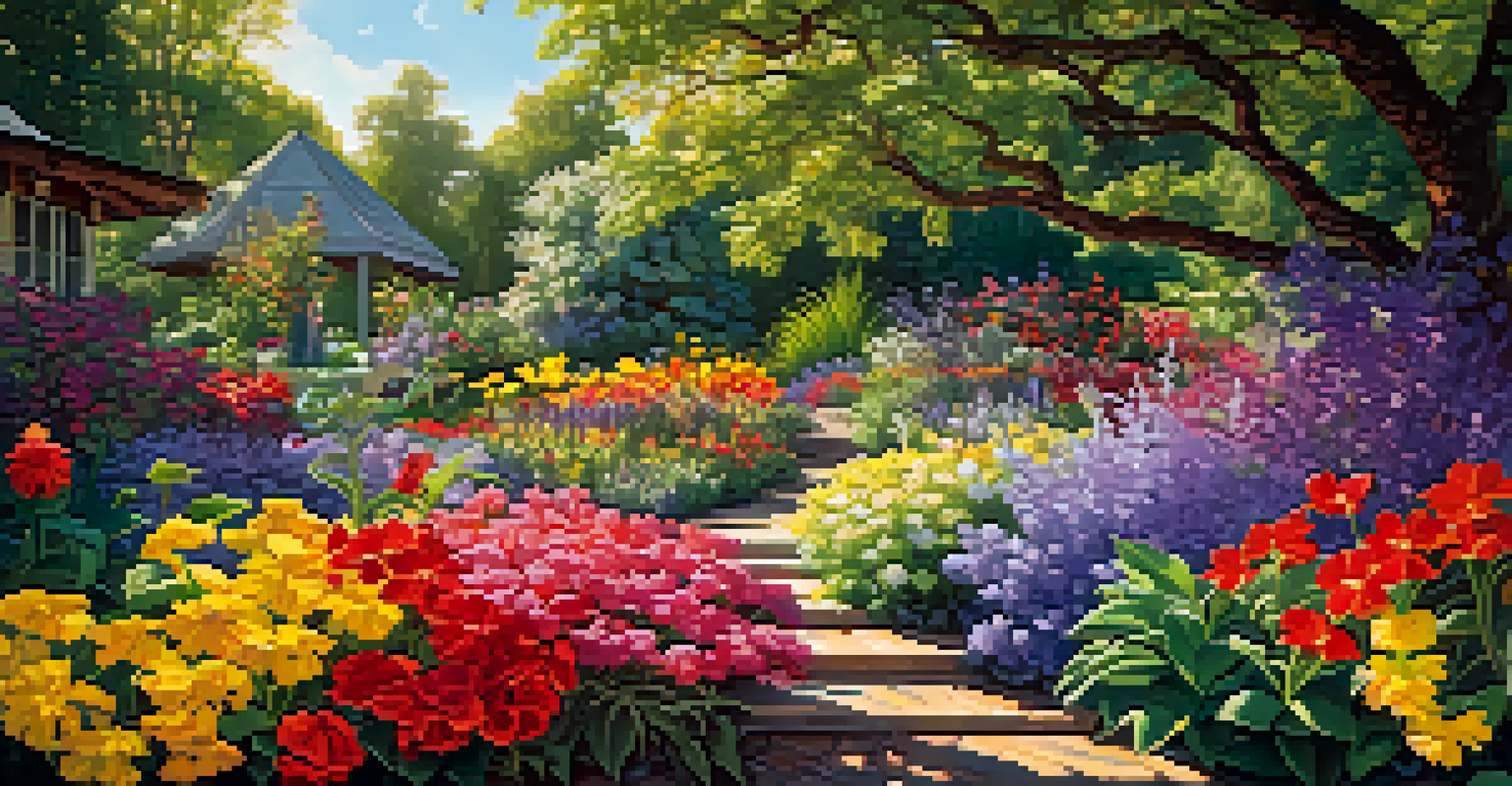 A vibrant garden full of colorful flowers with butterflies and bees, illuminated by sunlight.