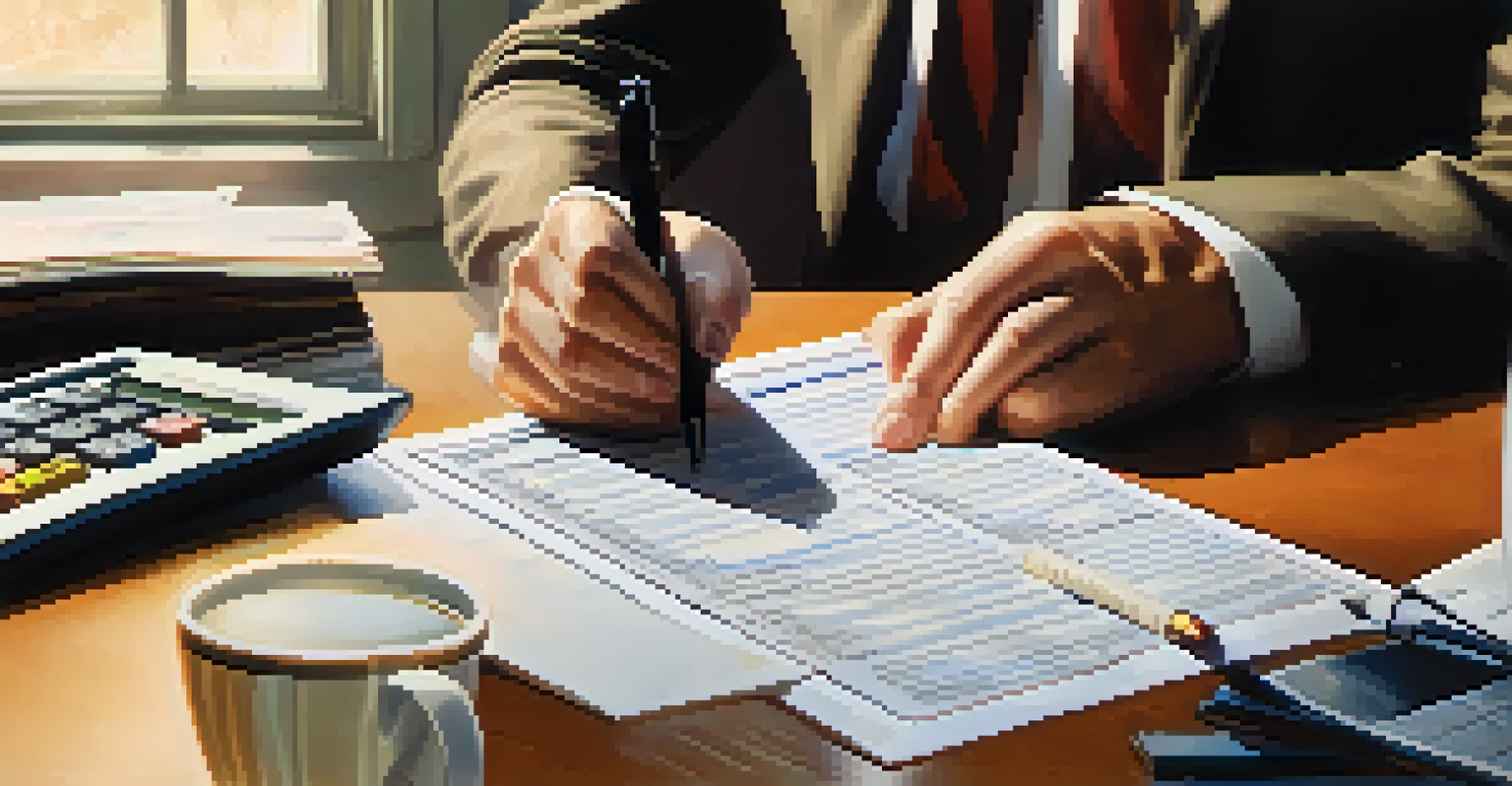 A person reviewing tax documents at a desk with a calculator and coffee, focusing on their financial planning.
