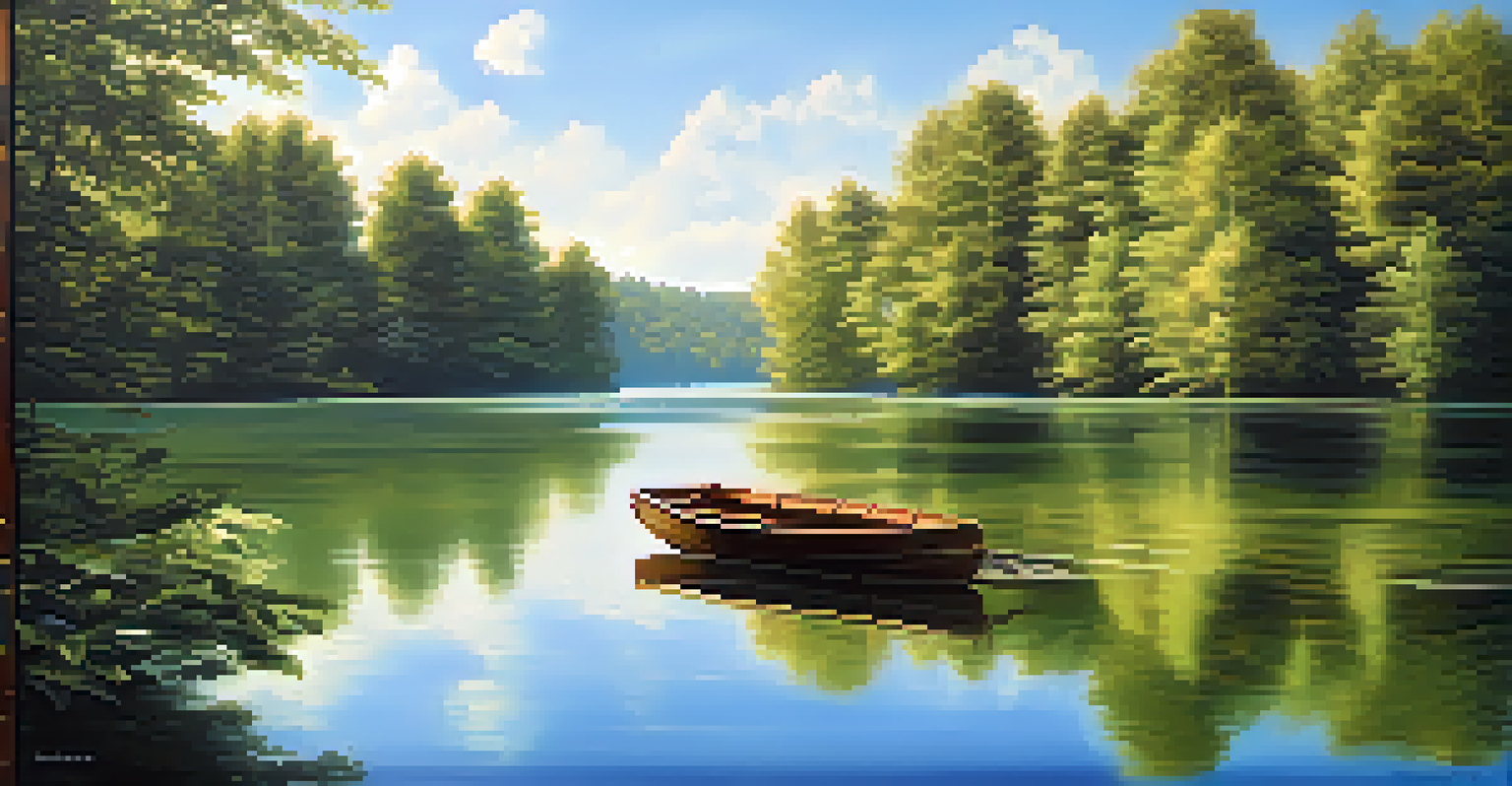 A calm lake surrounded by green forests with a wooden boat floating on the water, bathed in soft sunlight.