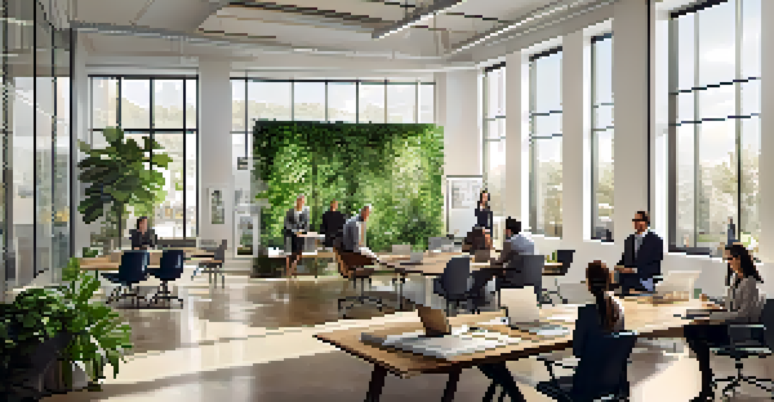 A modern office space with professionals brainstorming around a table, bright sunlight streaming through large windows.