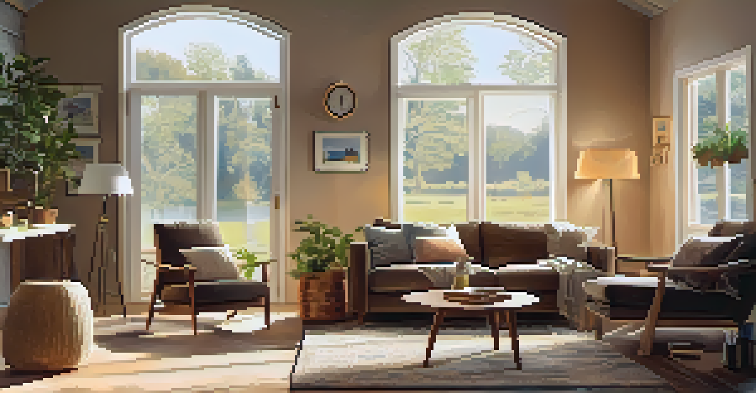 A cozy living room with energy-efficient appliances and natural decor, illuminated by sunlight through large windows.