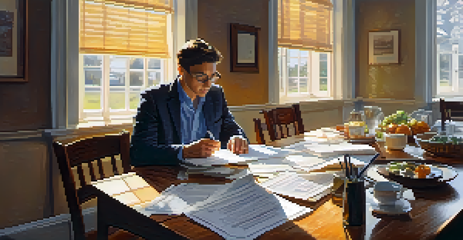 A person reviewing 1099 forms and financial documents at a dining table, with sunlight illuminating the scene.