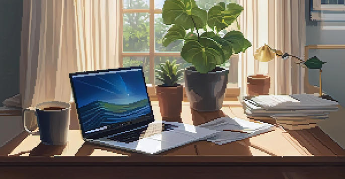 A warm and inviting home office with a wooden desk, laptop, cup of coffee, and sunlight streaming through a window.