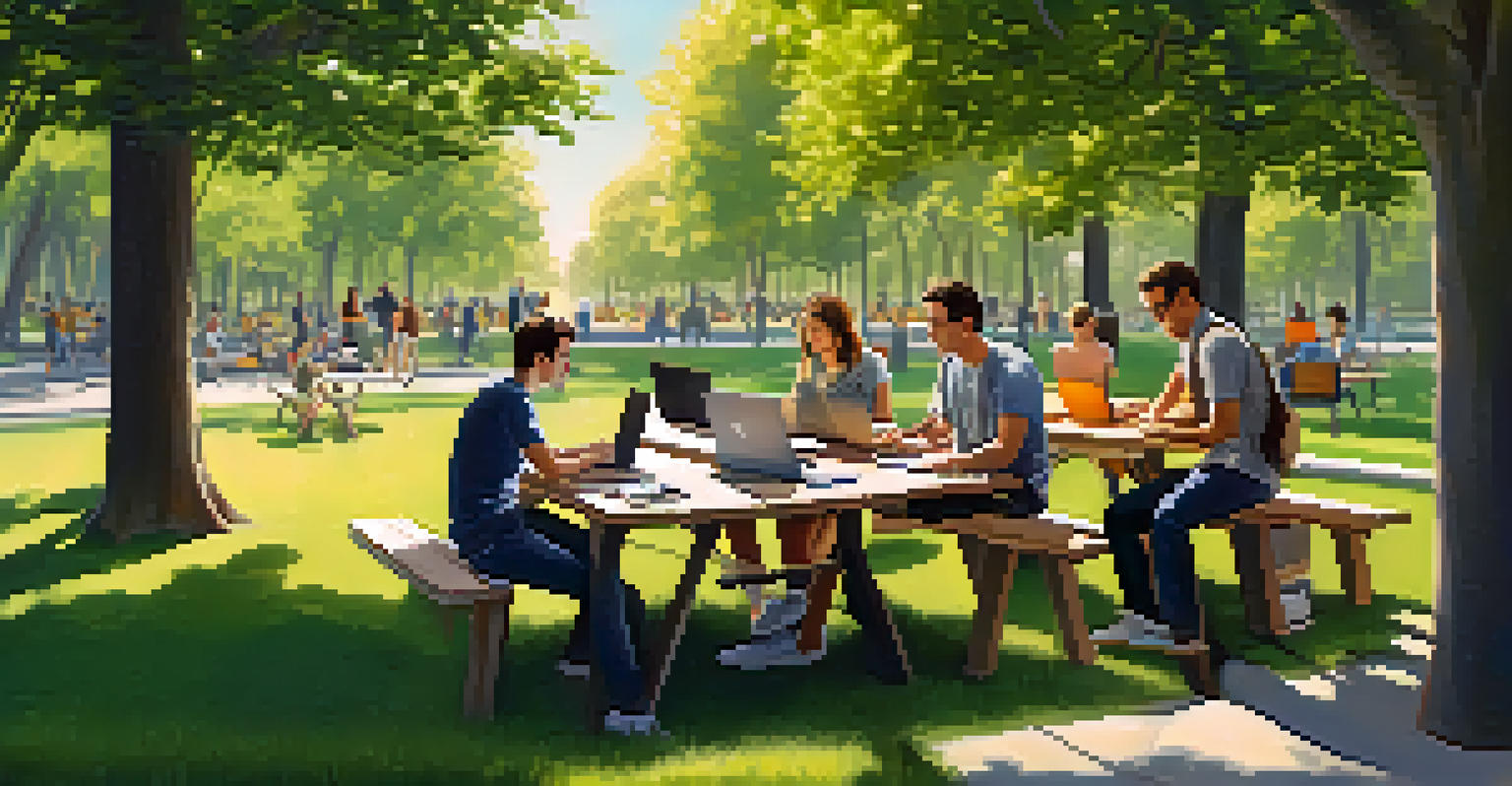 A team of tech startup professionals collaborating in a sunny park setting.