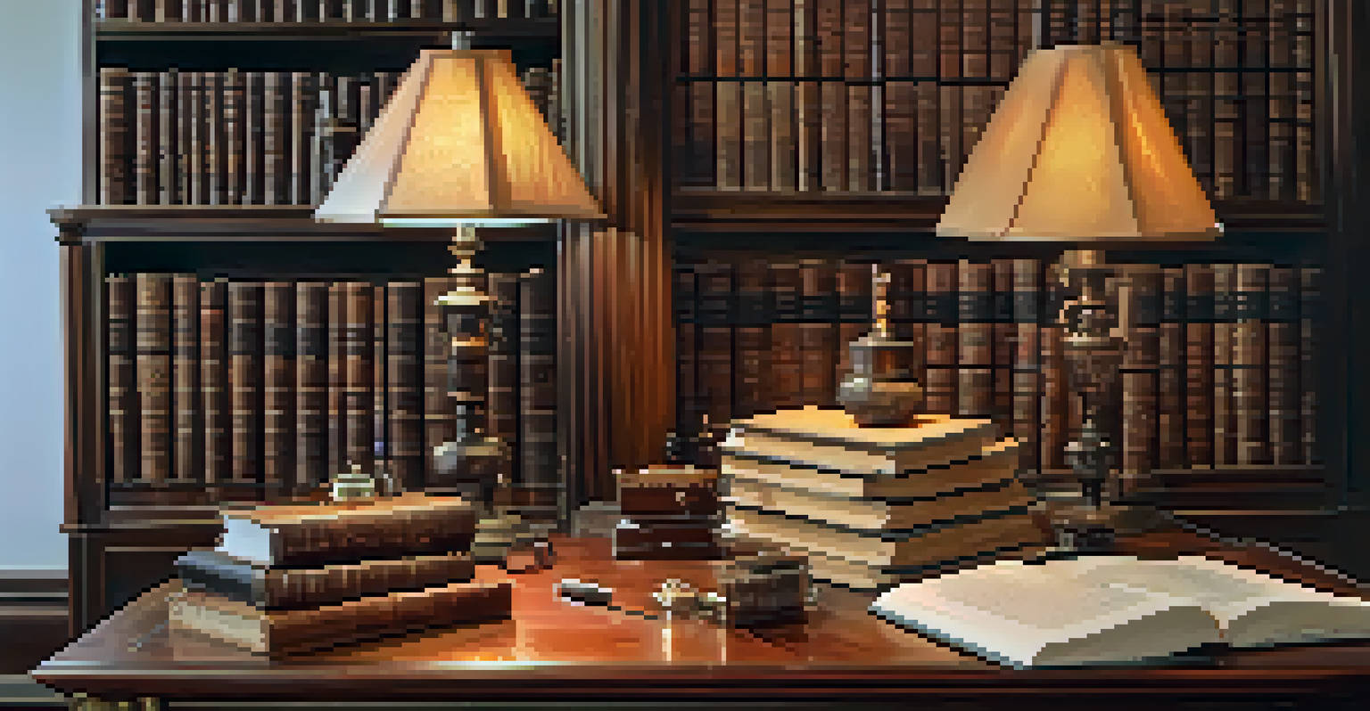 A classic workspace featuring a wooden desk with a quill, inkpot, and leather-bound books, illuminated by a vintage lamp.