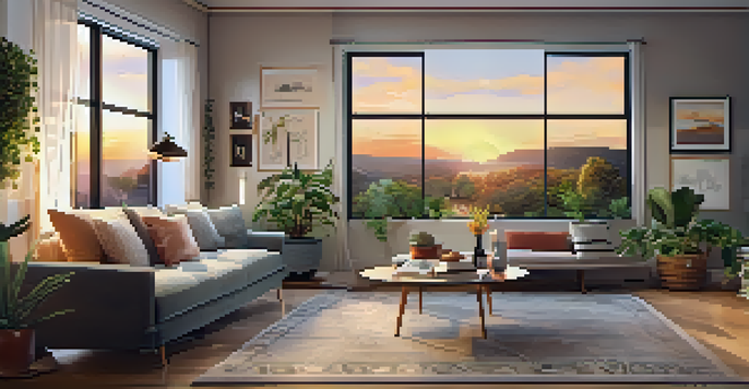 A warm and inviting living room with a modern sofa, coffee table, and sunset view through the window.