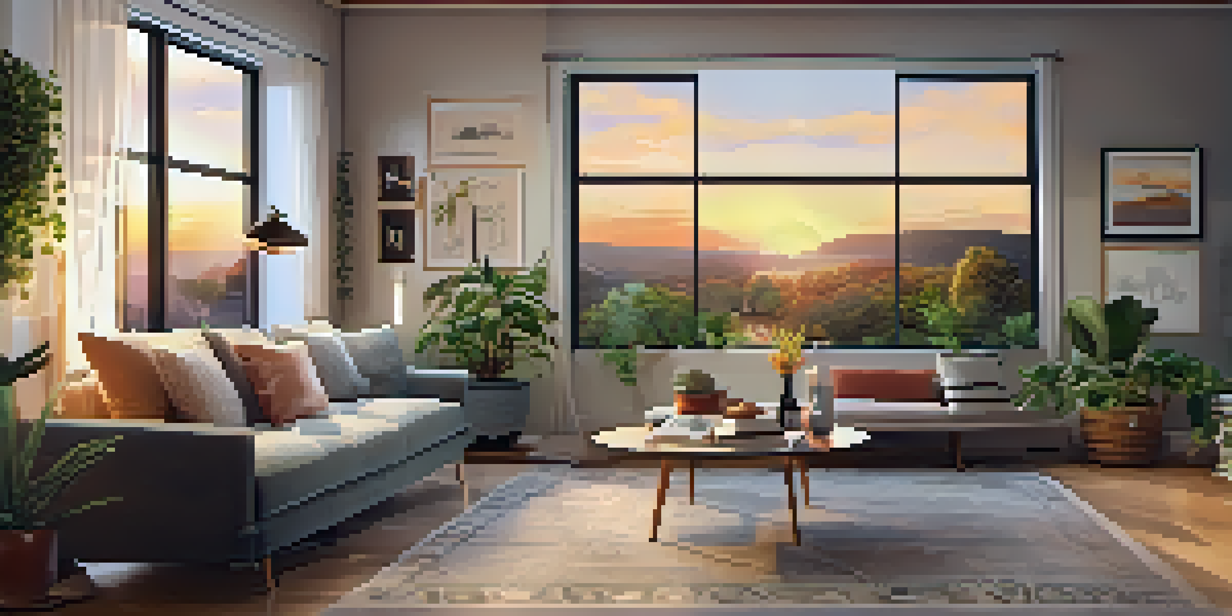 A warm and inviting living room with a modern sofa, coffee table, and sunset view through the window.