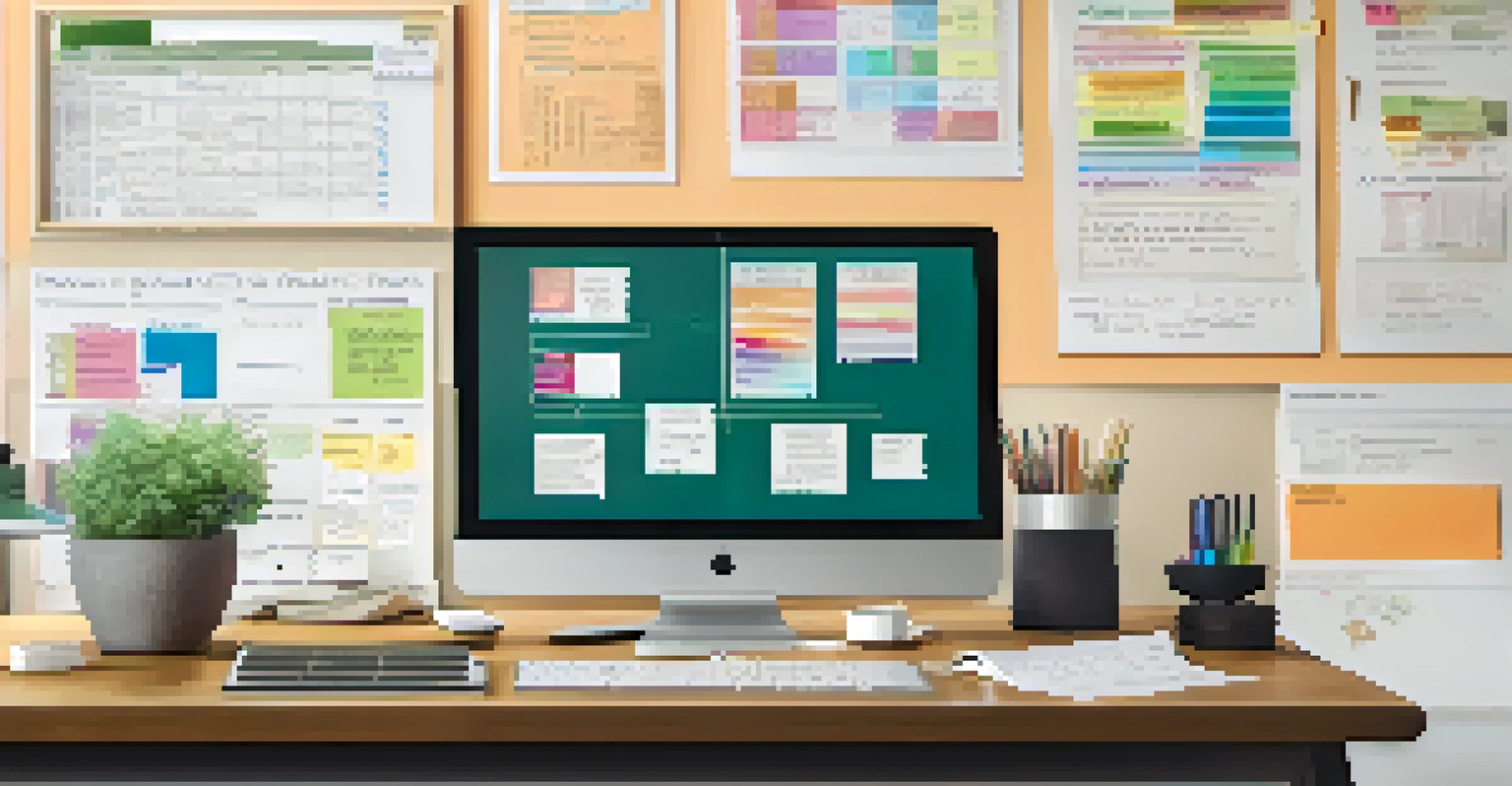 A workspace featuring a computer with tax software, financial documents, and a whiteboard with a plan for maximizing deductions.