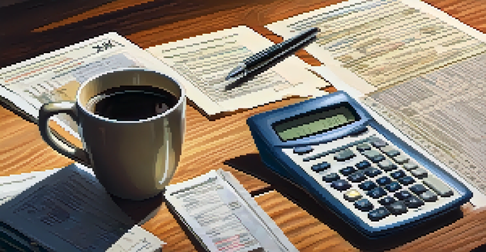 A tax document, calculator, pen, and cup of coffee on a wooden desk, all under soft natural lighting.