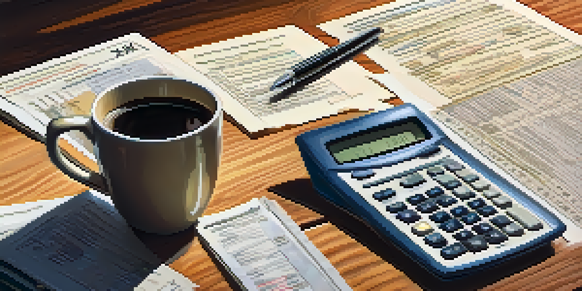 A tax document, calculator, pen, and cup of coffee on a wooden desk, all under soft natural lighting.