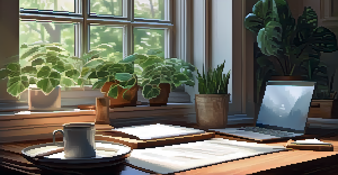 A well-organized office desk with a laptop, papers, and a coffee cup, illuminated by morning light and surrounded by plants.