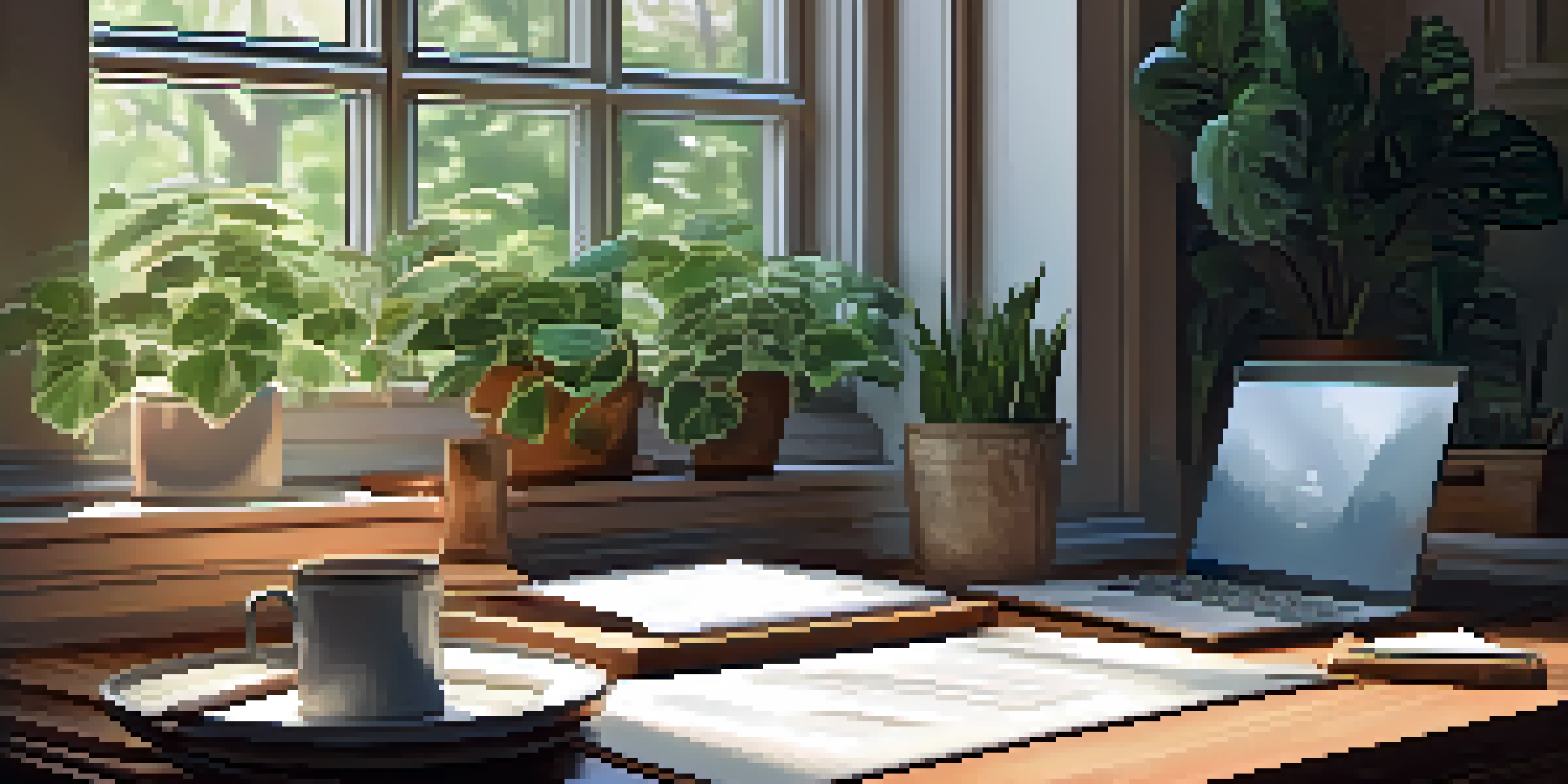 A well-organized office desk with a laptop, papers, and a coffee cup, illuminated by morning light and surrounded by plants.