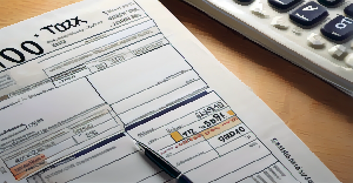 A detailed view of a 1099-B tax form on a wooden desk with a calculator and pen, illuminated by soft natural light.
