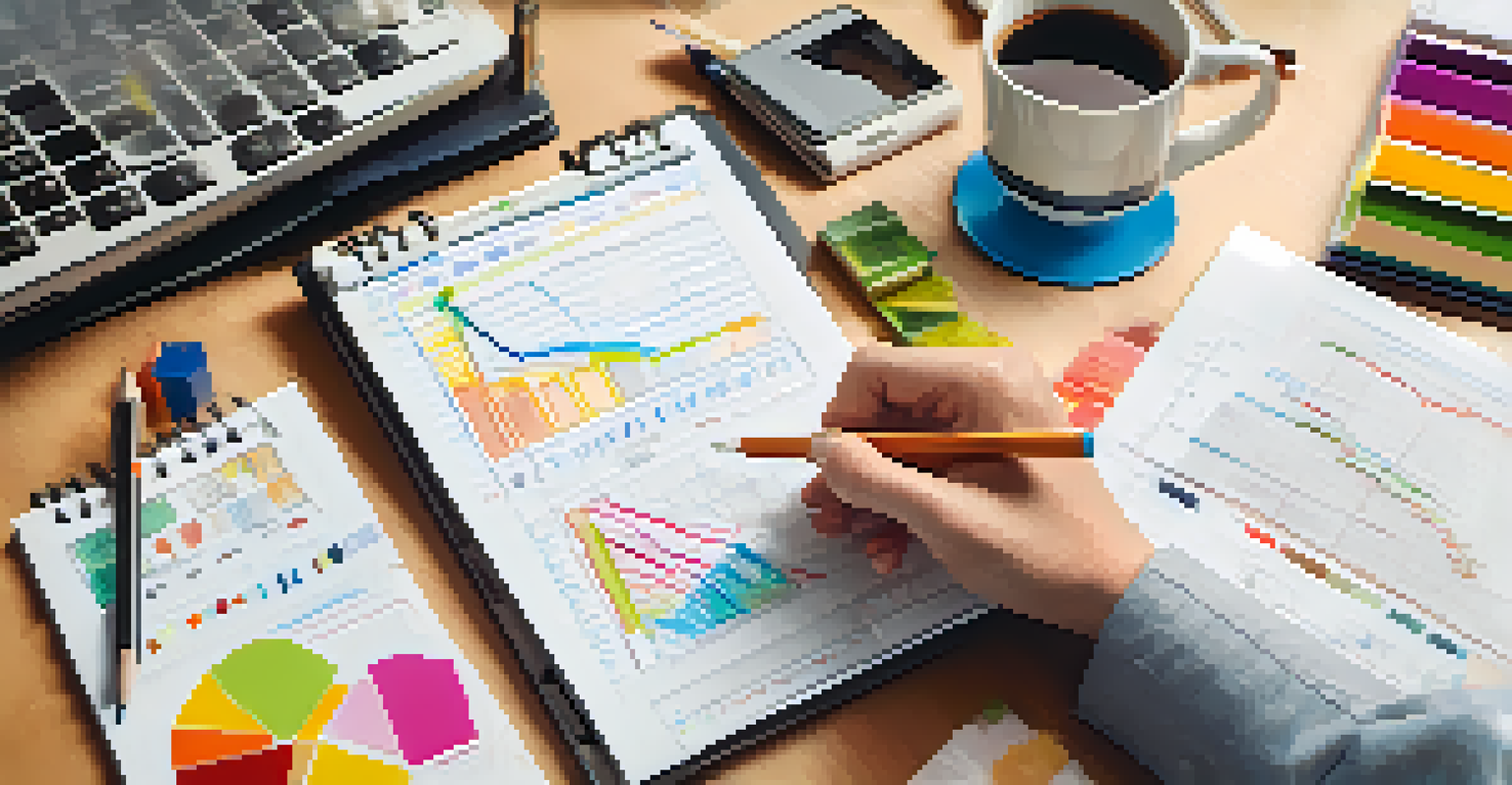 Close-up of hands sketching a budget plan on a notepad, with colorful charts in the background, symbolizing financial recovery.