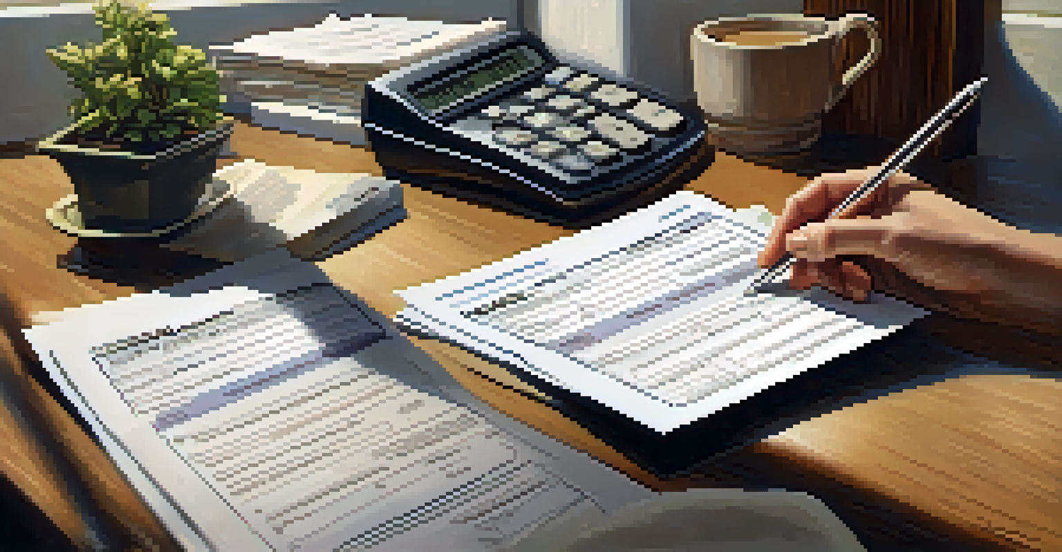 Close-up of a hand filling out a tax form on a cluttered table with coffee and a plant.