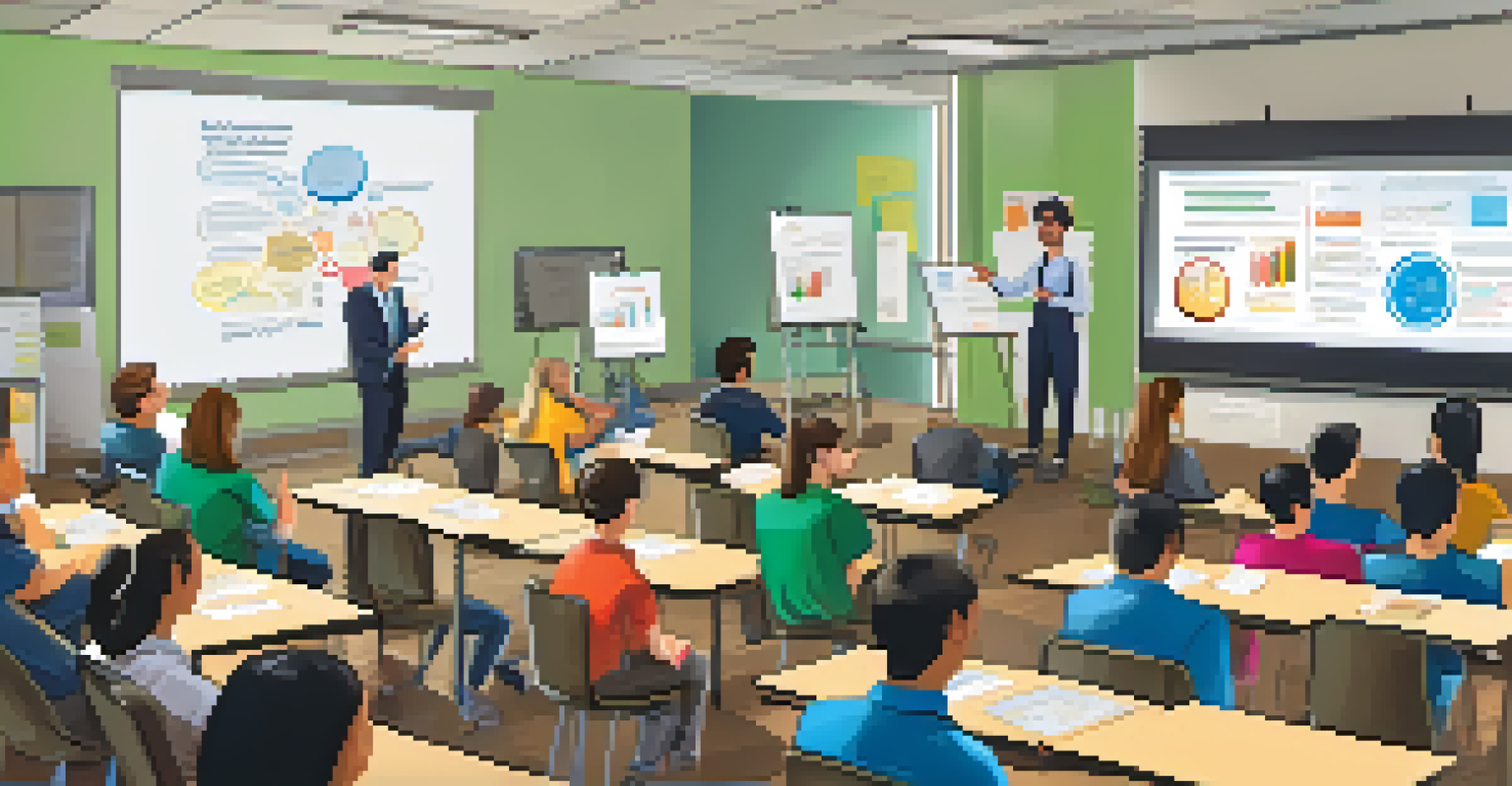 A trainer conducting a workshop on tax compliance with engaged participants, a projector displaying key concepts, and a whiteboard filled with notes in a bright room.