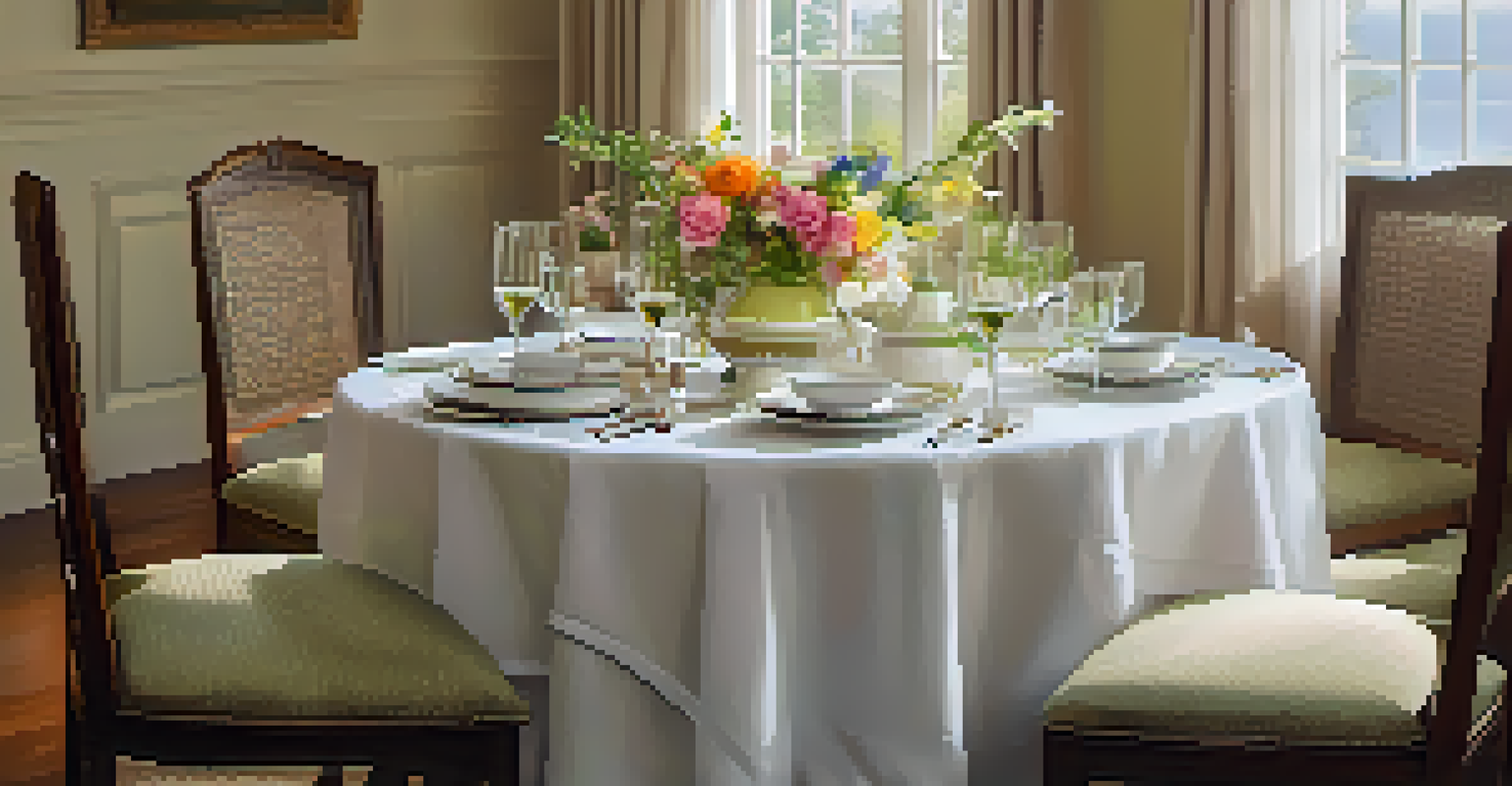 An elegantly set dining table with a white tablecloth, colorful plates, and fresh flowers, illuminated by soft ambient lighting.
