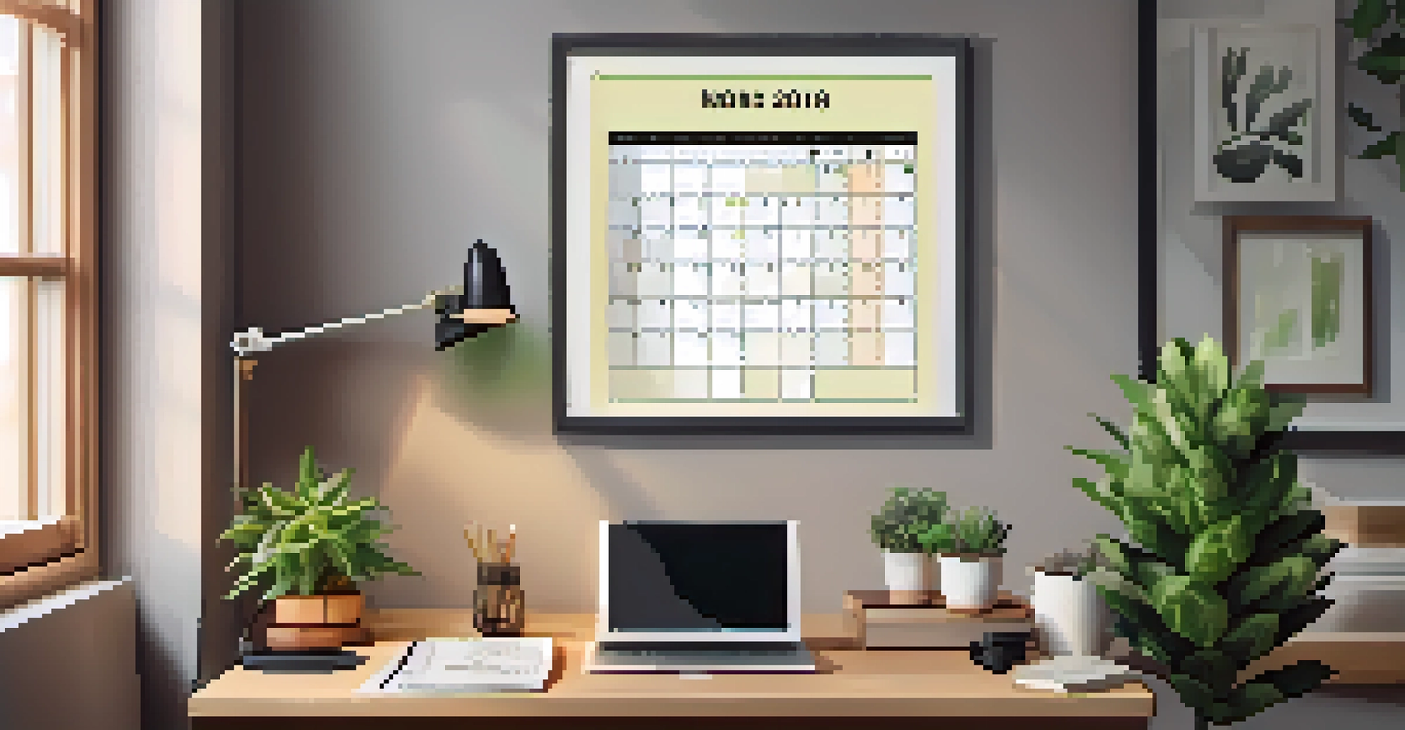 A cozy home workspace with a calendar showing tax deadlines, a financial planner on the desk, and a plant, illuminated by warm light.