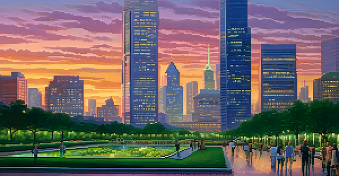A city skyline at dusk with colorful skies and modern skyscrapers, surrounded by green parks and people walking.
