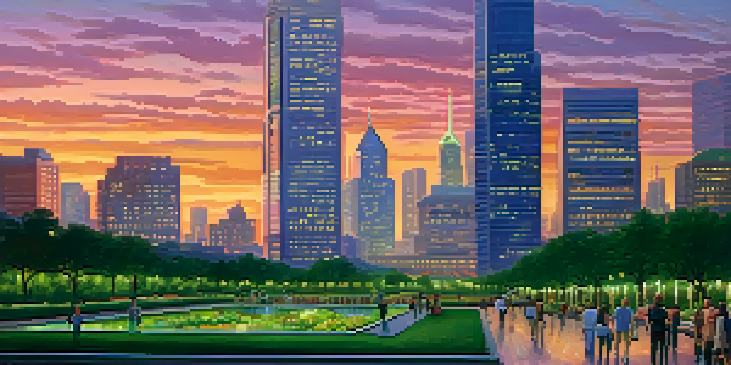 A city skyline at dusk with colorful skies and modern skyscrapers, surrounded by green parks and people walking.