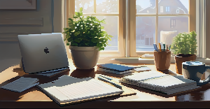 A bright and tidy home office with a desk, laptop, notepad, and a plant, illuminated by sunlight.