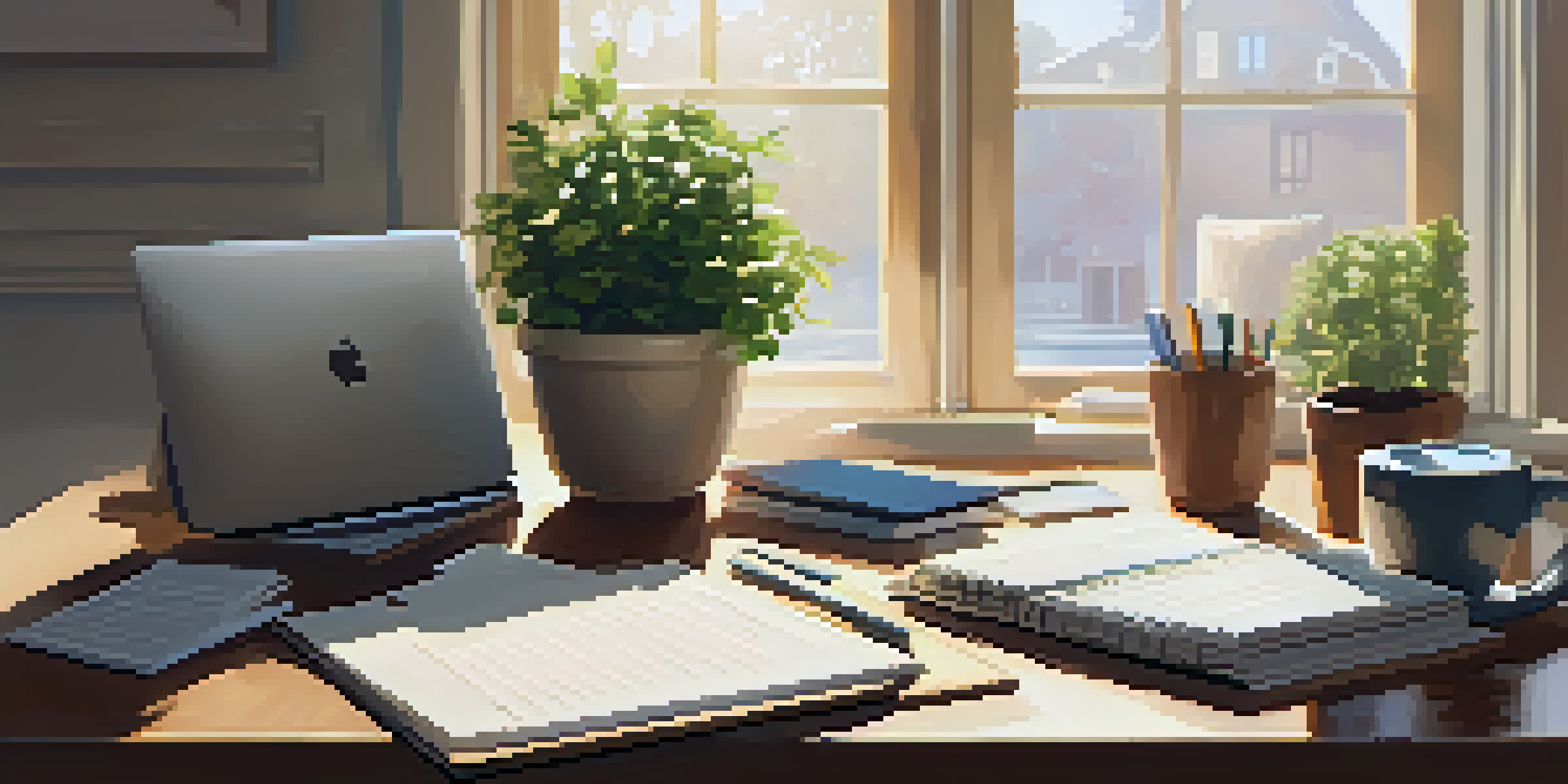 A bright and tidy home office with a desk, laptop, notepad, and a plant, illuminated by sunlight.