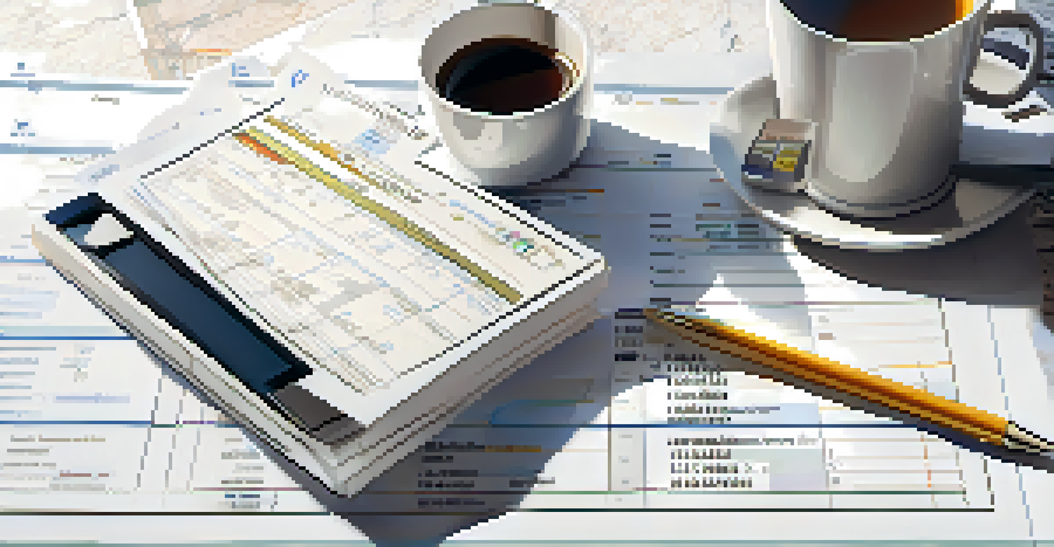 A close-up view of a calculator and financial documents on a marble surface, with a coffee cup and glasses. The documents feature charts on capital gains and losses.