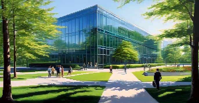 A modern office building amidst greenery with people walking and conversing along a pathway under a clear blue sky.
