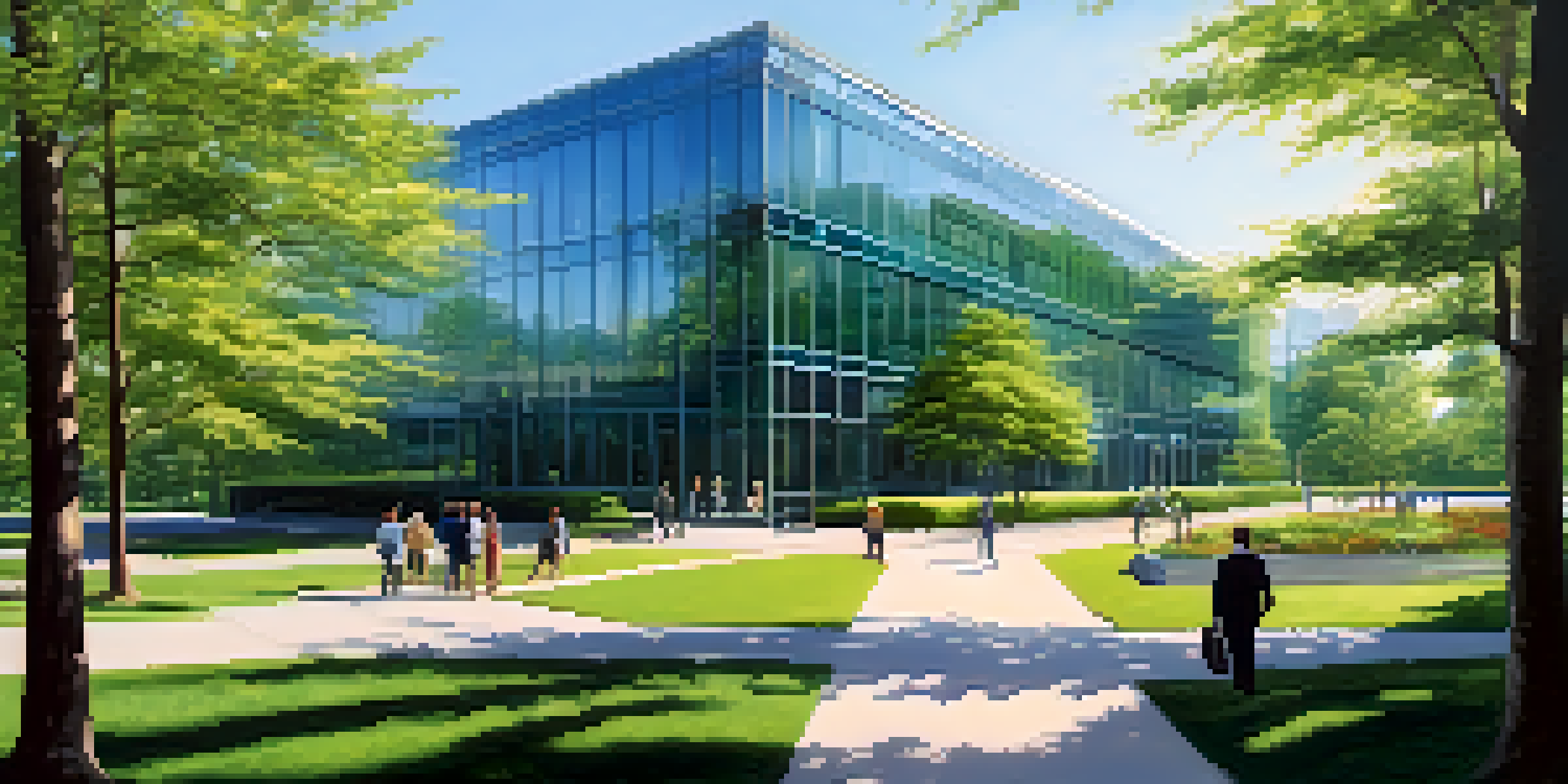 A modern office building amidst greenery with people walking and conversing along a pathway under a clear blue sky.