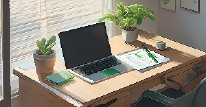 An organized office desk featuring a laptop, calculator, papers, and a plant, illuminated by soft morning light.