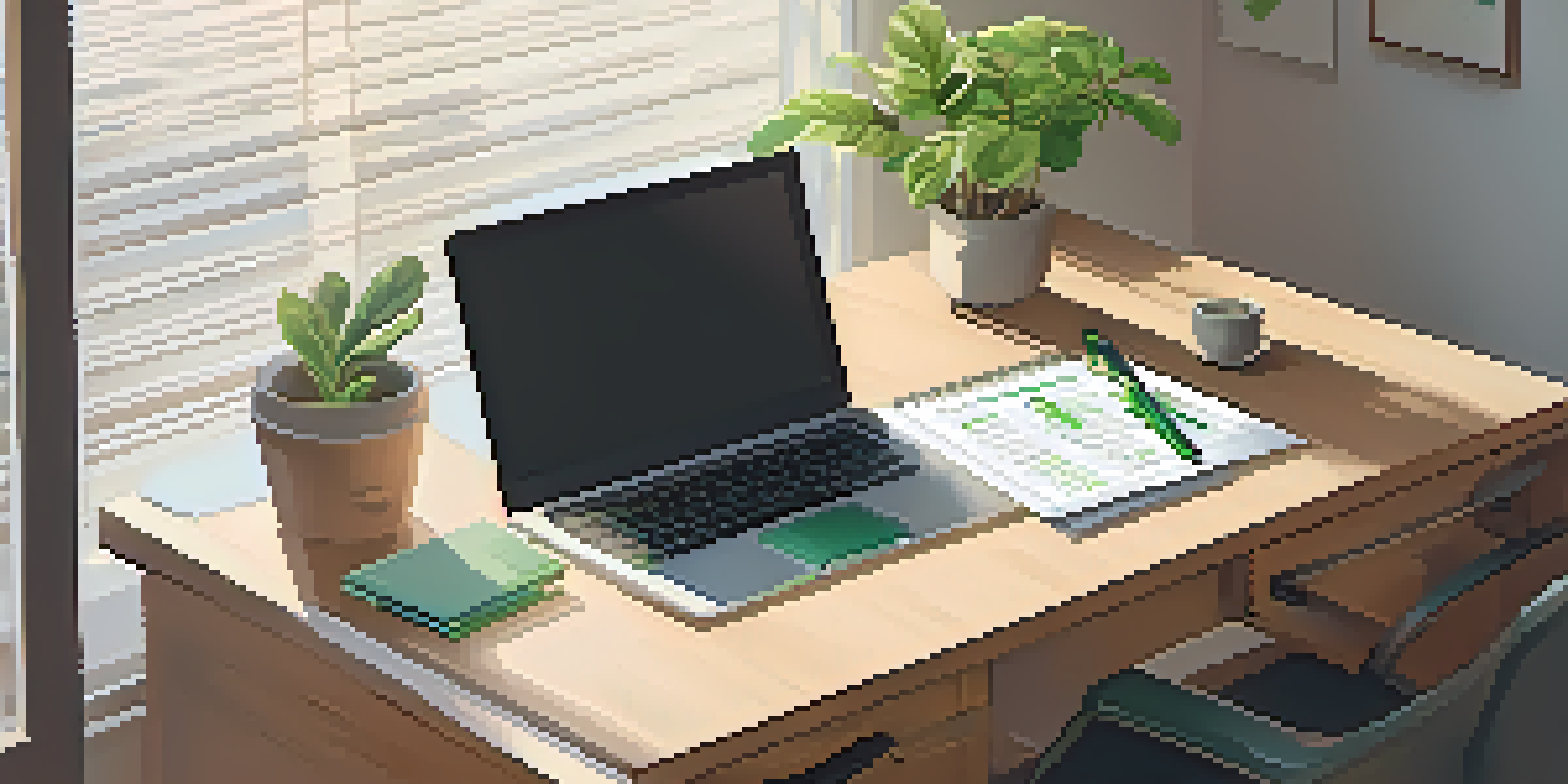 An organized office desk featuring a laptop, calculator, papers, and a plant, illuminated by soft morning light.